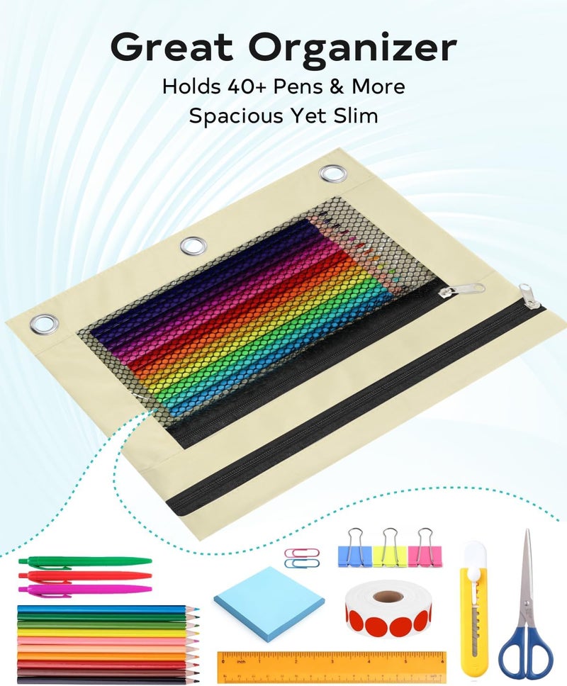 ASBEFORE Pencil Pouch for 3 Ring Binder - 3 Hole Zipper Pen Case Bag Holder Bulk Accessories Clear Window Aesthetic Organizer Pockets (Beige, 1) - Image 5